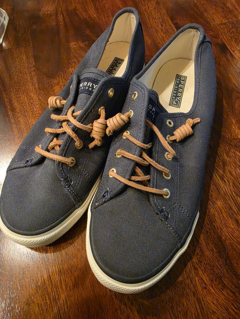 Sperry Top Sider Navy Canvas Boat Shoe with Tan Laces Womens Size 10M EUC